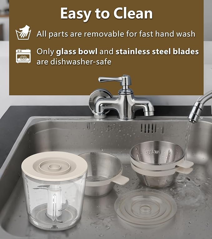4-in-1 Small Food Processor Cordless Set with 600ml Glass Bowl, 3*240ml Stainless Steel Bowls & 3+4 Blades, USB-C Rechargeable Battery Mini Meat Vegetable Chopper, Electric Kitchen Blender, Mom's Gift