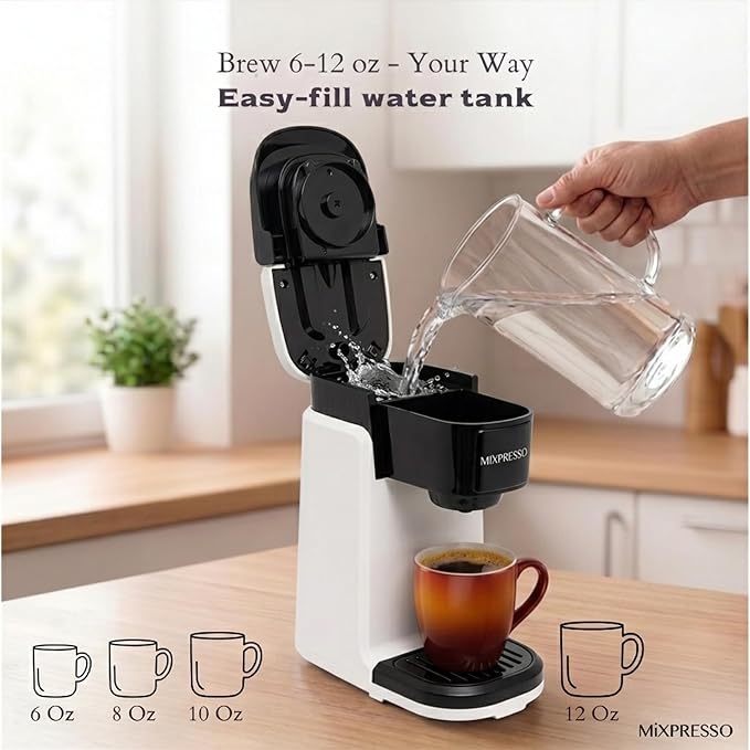 Mixpresso White Single Serve Coffee Maker for K Capsule, Compact Mini Coffee Maker 800 Watt Coffee Machine for Pods or Ground, Fast Brew, Auto Shut Off, 12 Oz Brew Size for Travel, Office, RV and Dorm