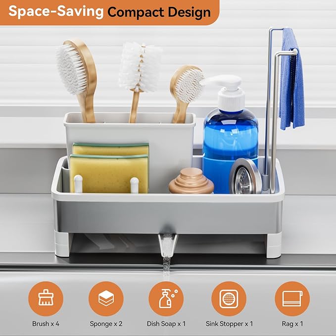 Sponge Holder for Kitchen Sink, Rustproof Stainless Steel Sink Caddy with Auto-Drain, Removable Brush Holders, Soap and Dishcloth Organizer, White