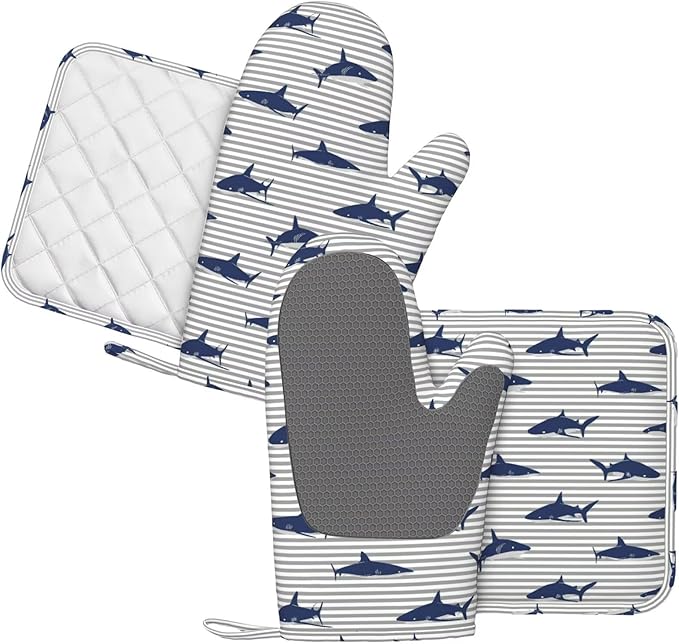 Sharks Oven Mitts and Pot Holders Sets Silicone Blue Shark Grey Stripes Kitchen Oven Mitts Hot Pads Heat Resistant Potholders Kitchen Mitts Set for Baking BBQ Cooking