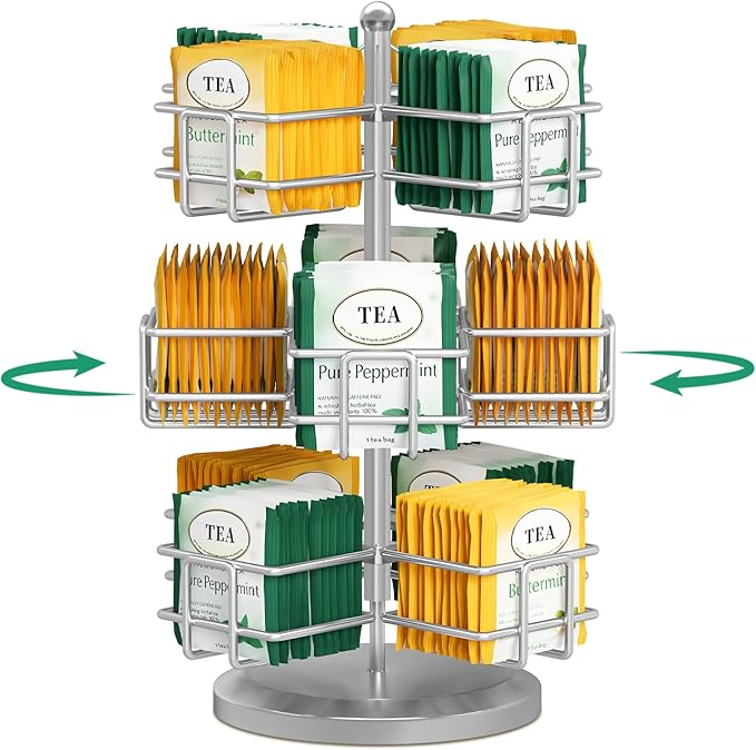EsLuker.ly Tea Bag Holder Organizer for Counter 3 Tier Metal Tea Bag Storage Rack, Spinning Carousel Tea Packet Display Stand, Tea Organizer Station with Easy Access for Kitchen Office, Silver