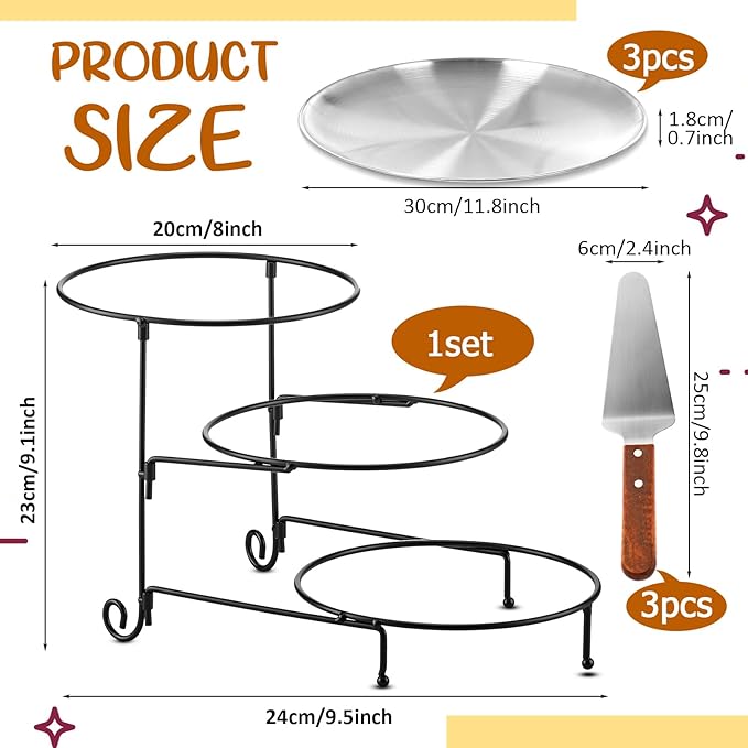 Domensi 7pcs Pizza Pan Riser Stands Sets Includes 1pcs Tiered Tray Stand 3 Stainless Steel Pizza Pan and 3 Wood Handle Knife for Tables Party Restaurant