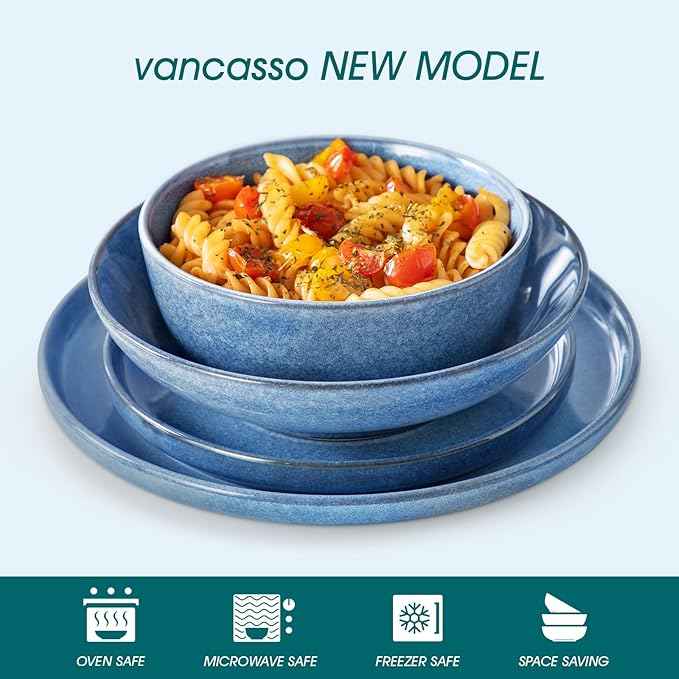 vancasso ANYA 24 Pieces Plates and Bowls Set, Blue Dinnerware Sets, Reactive Glaze Dishes Set for 6, Ceramic Dishware Sets Kitchen Dinner Set, Microwave & Dishwasher Safe