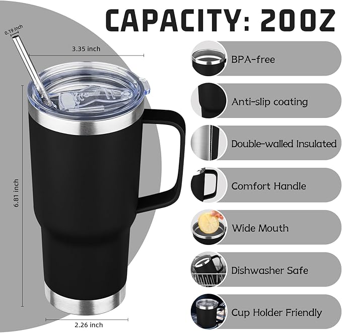 20 oz Tumbler with Handle Stainless Steel Insulated Coffee Tumbler with Lid and Straw Double Wall Vacuum Insulated Coffee Mug Leak Proof Travel Mug Tumbler for Hot and Cold Drink, Mix Color-10