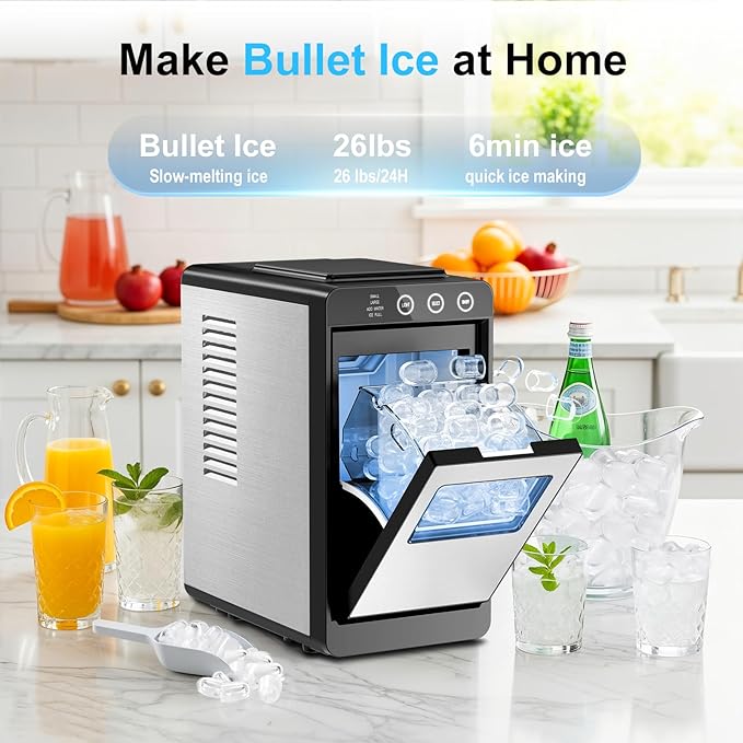 Kismile Countertop Ice Maker, 8 Bullet Cubes in 6 Mins, 26.5lbs in 24Hrs, 2 Ice Sizes, Self-Cleaning Portable Ice Maker with Basket and Scoop, for Home/Office/Camping/RV, Silver