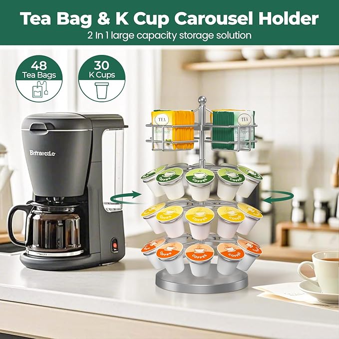 EsLuker.ly K Cup Holder Coffee Pod Organizer Carousel for Countertop, Rotatable Metal 4-Tier Storage Rack Stand for 30 K Cups & Tea Bags, Convenience Meets Elegance, Silver