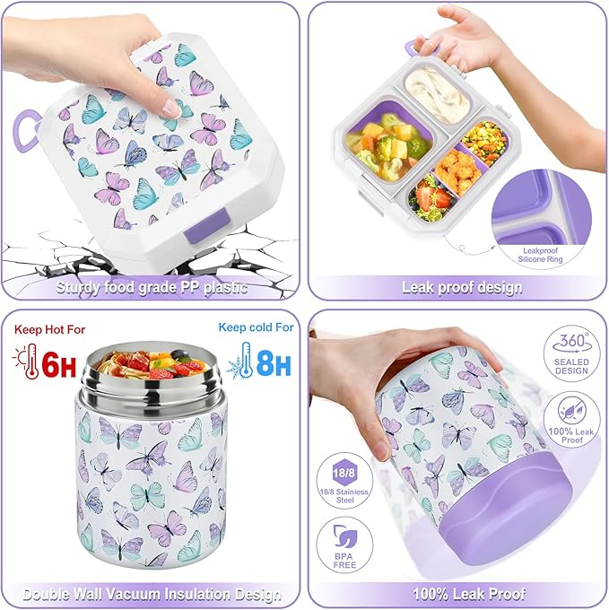 wiwens Bento Lunch Box for Kids with 12oz Soup Thermo Leak-Proof Lunch Food Container with 5 Compartment Thermo Hot Food Jar and Insulated Lunch Bag for Kid Toddler Girls Boys to School