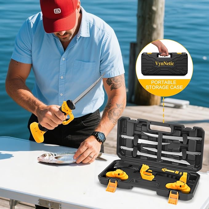 Electric Fillet Knife for Fish with 4 Stainless Steel Blades & Ergonomic Non-Slip Grip Handle, Cordless Electric Knife with 2 Rechargeable Batteries, Charger and Case for Fishing