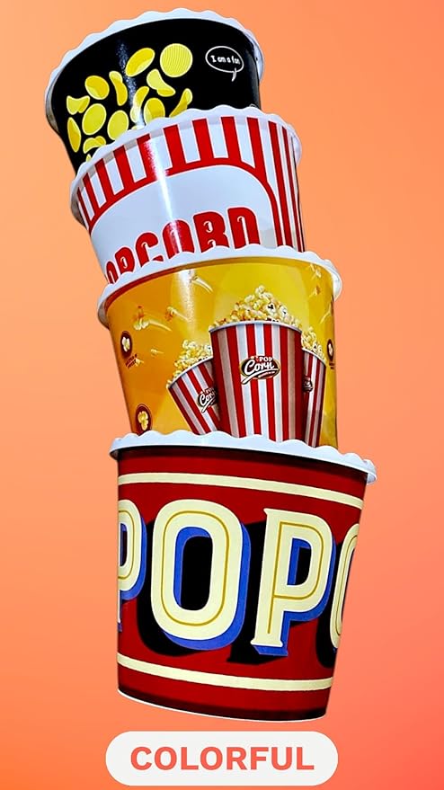 Modern Style Reusable Plastic Popcorn Box/Popcorn Containers/Popcorn Bowls Set for Movie Theater Night - (BPA Free - 4 Pack - 75 oz) (Popcorn Mix E)