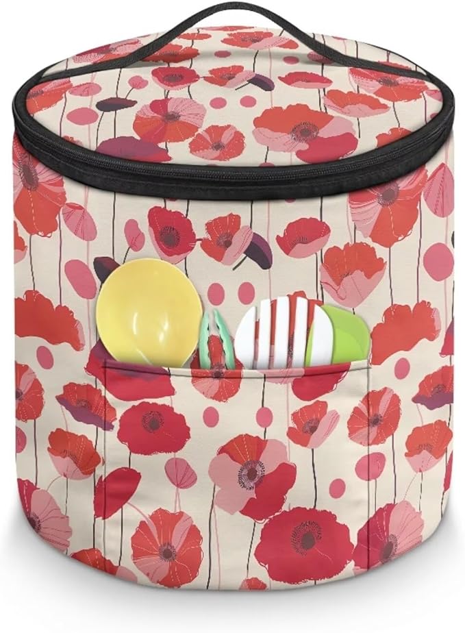 Red Flower Electric Pressure Cooker Insulation Bag Stain Resistant Reusable Electric Pressure Cooker Bag with Top Padding Handle