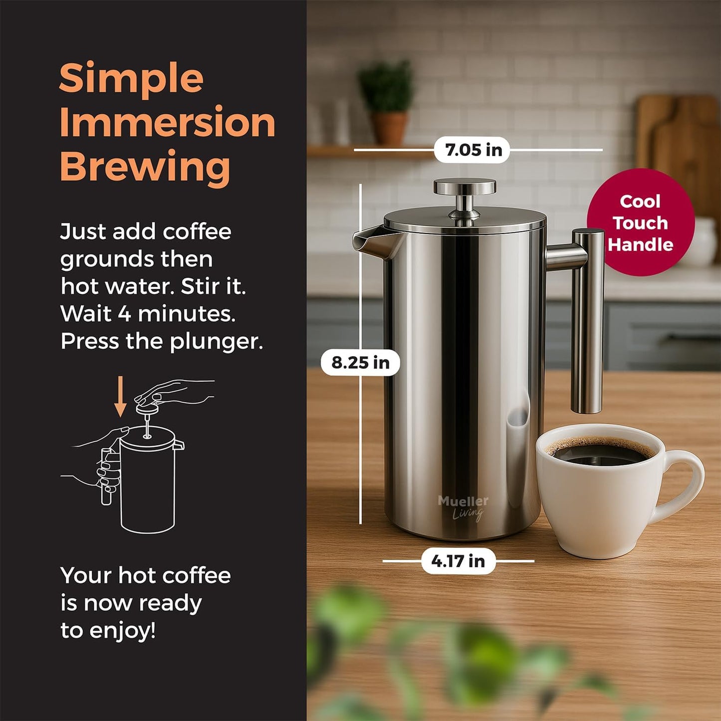 MuellerLiving French Press Coffee Maker 34oz, Stainless Steel French Press Coffee, 4 Filter Heat Resistant Double Insulated, Rust-Free, Food Grade, Dishwasher Safe Coffee Pot