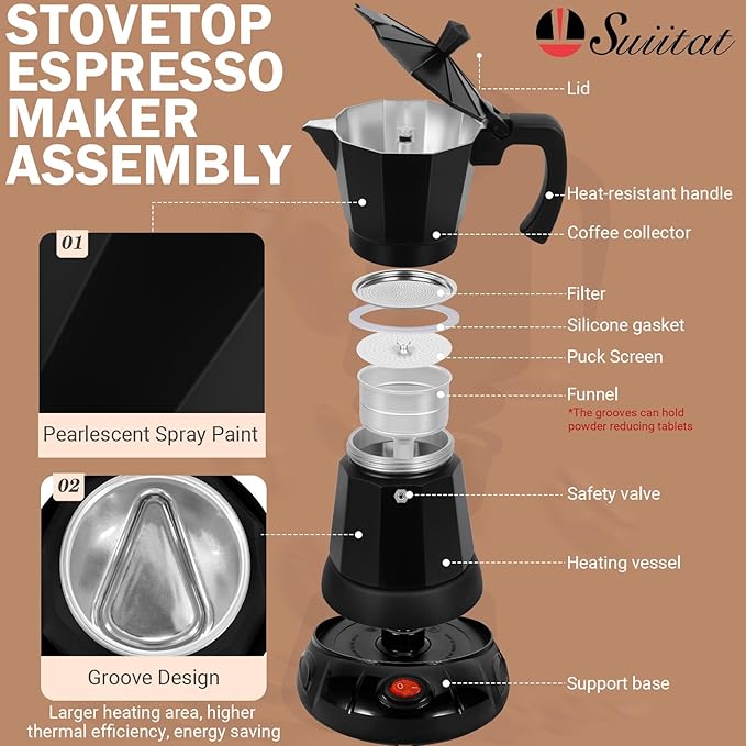 Black Aluminum Electric Moka Pot, 3 or 6 Cups Espresso Maker with Dose Reduction Plate