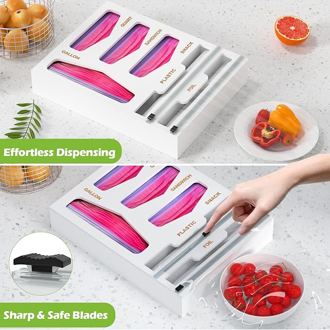 6 in 1 Bag Organizer and Wrap Dispenser with Magnetic Lid - Plastic Wrap Dispenser with Cutter for Kitchen Drawer, Storage for Gallon, Quart, Sandwich, Snack Bags, and Foil White