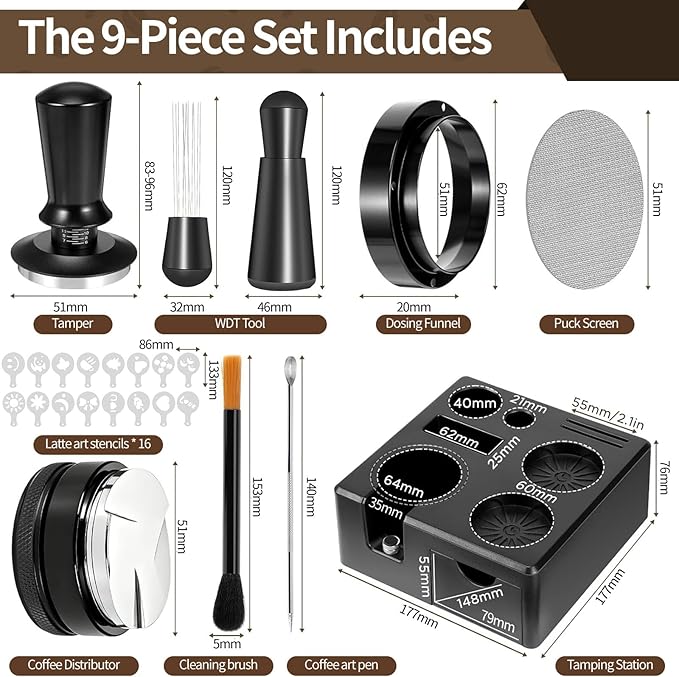 51mm Espresso Accessories Kit, Fits Delonghi Portafilters, 9PCS Barista Tool Kit Includes Tamper, Distributor, WDT Tool, Puck Screen, Dosing Funnel & Latte Art Set with 16 Stencils