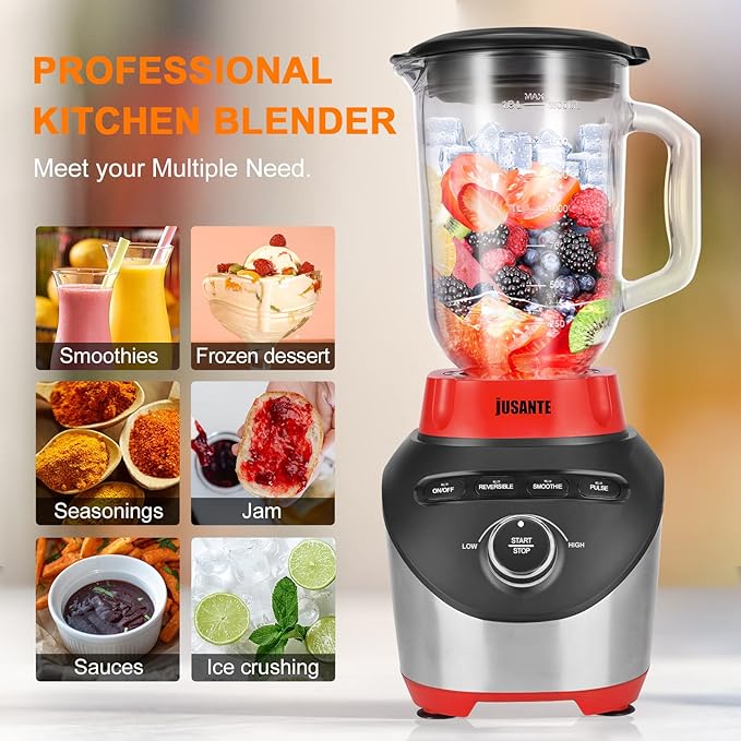 JUSANTE Blender, Countertop Blender for Smoothies with 64 oz Glass Jar Kitchen, 1200 Watts High Speed Juicer Blender Ice Crusher for Shakes Frozen Drinks (Red)
