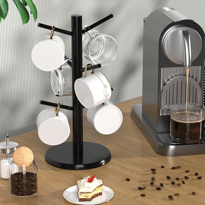 Wisuce Black Coffee Mug Tree, Updated Thick Bamboo Mug Holder Base,Coffee Cup Stand Mug Holders with 6 Hooks for Countertop Cup Rack Organizer Stand (Black)