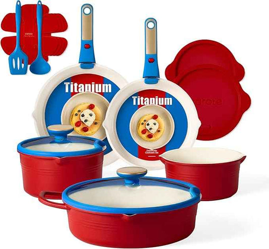 CAROTE 17Pcs Titanium Cookware Set, Pots and Pans Set Non Stick, Kitchen Cooking Set with Detachable Handle, Non Toxic Induction Cookware, Dishwasher/Oven Safe，Memphis Design