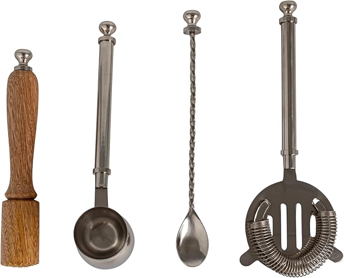 Creative Co-Op 5-Piece Stainless Steel and Mango Wood Bar Tools with Stand, Nickel Finish and Natural
