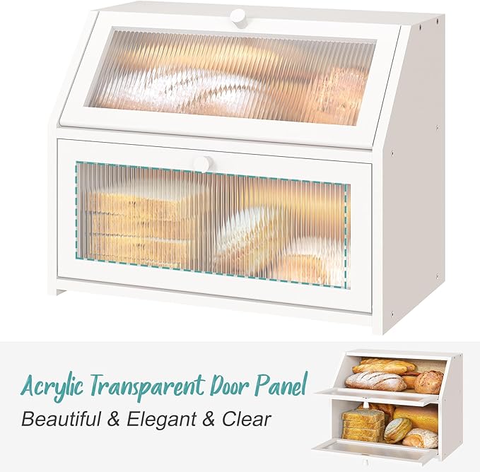White Bread Box for Kitchen Counter, Large Bamboo Wood Double Layer Bread Box, Wooden Bread Storage Capacity
