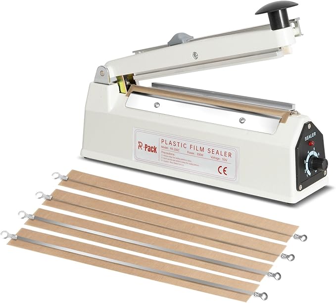 Impulse Heat Sealer with Sealing Bar: Heavy-Duty Bag Sealer with Extra Cutting Blade (White, 8-Inch)