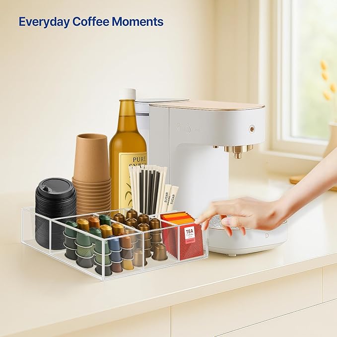 Acrylic Coffee Bar Station – Snack Tea Organizer & Storage Holder for Office Coffee Table – Perfect Countertop Setup for Syrup, Creamer, Condiment and Snack Accessories