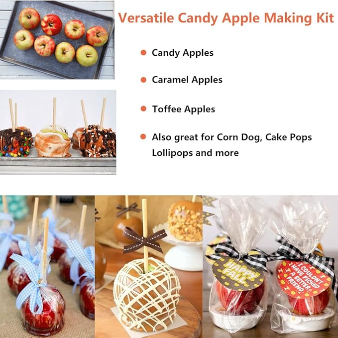 200 Pack Candy Apple Caramel Apple Sticks and Bags,100 Bags,100 Sticks, 50 Yard Gold and Silver Glitter Ribbon Caramel Apple Making kit