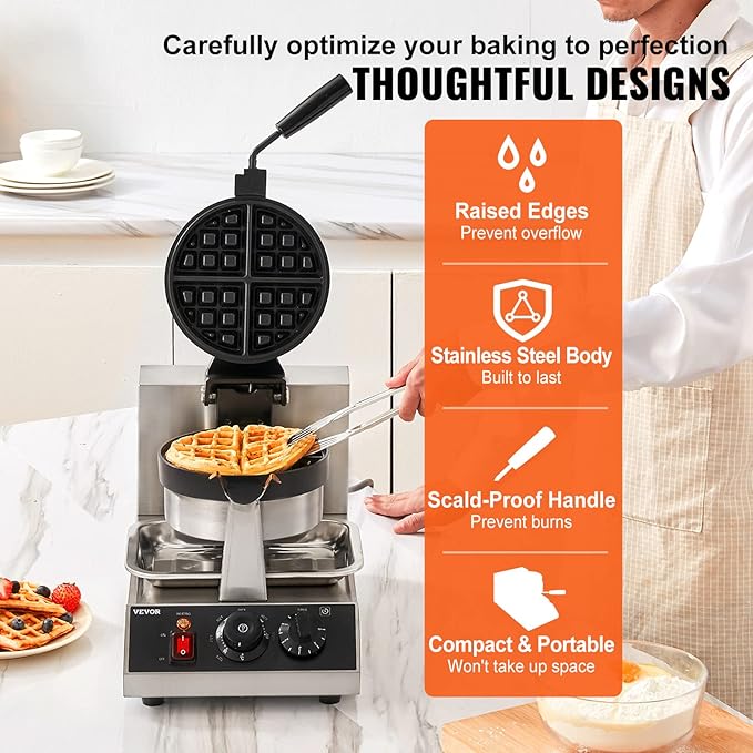 VEVOR Commercial Waffle Maker, 1 Piece per Batch, 1300W Round Waffle Iron, Non-Stick Waffle Baker Machine with 122-572℉ / 50-300℃ Temp Range Teflon-Coated Baking Pans Stainless Steel Body, 120V