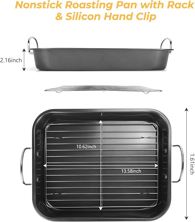 Nonstick Roasting Pan with Rack, 14.5x11.4’’ Baking Pan for Oven with Rack & Silicon Hand Clip, Heavy Duty Dishwasher Safe Rectangular Lasagna Pan with Handle for Turkey Chicken, Dark Grey