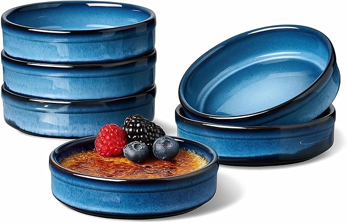 ONEMORE 4 oz Ramekins Oven Safe, Ceramic Ramekins for Creme Brulee, Custard, Pudding, Souffle, Blue Shallow Ramekin Dishes, Small Porcelain Ramekin Set of 6 for Baking & Serving