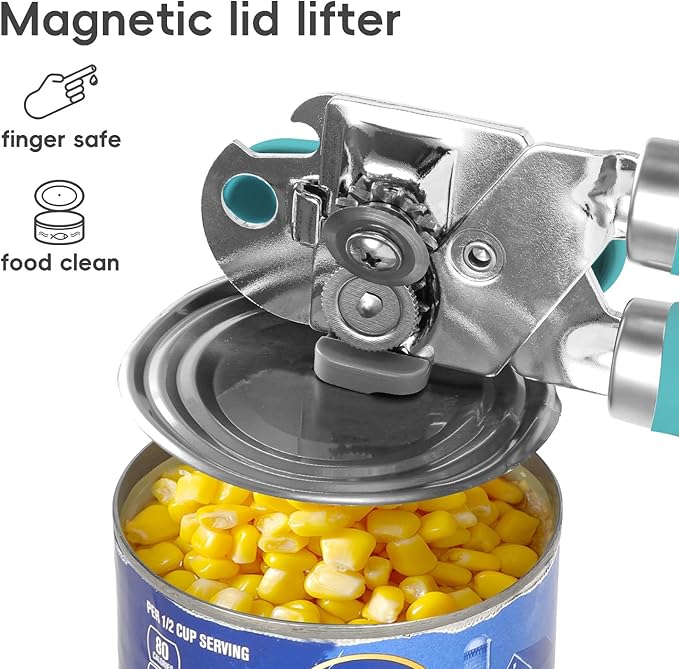 Can Opener Manual, UHIYEE Hand Held Manual Can Openers Heavy Duty with Smoother Cut Sharp Blade, Manual Hand Can Open with Soft Handle, Easy to Turn Knob, Magnetic Lid Lifter, Turquoise