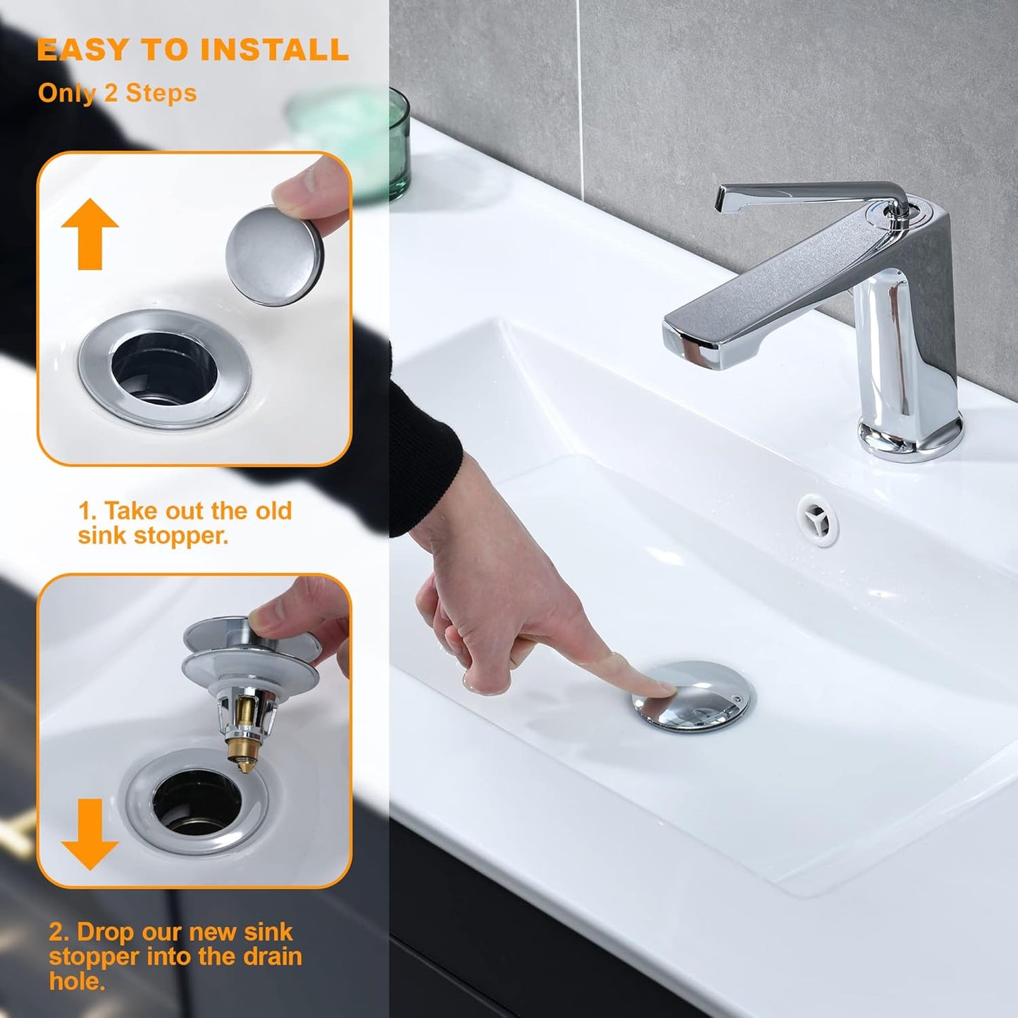 Universal Bathroom Sink Stopper, 1.1~1.5" Sink Drain Stopper, Full Size Bounce Bullet Type Pop Up Basin Drain Strainer, Chrome Anti-Clogging Sink Drain Filter with Hair Catcher (Silver)