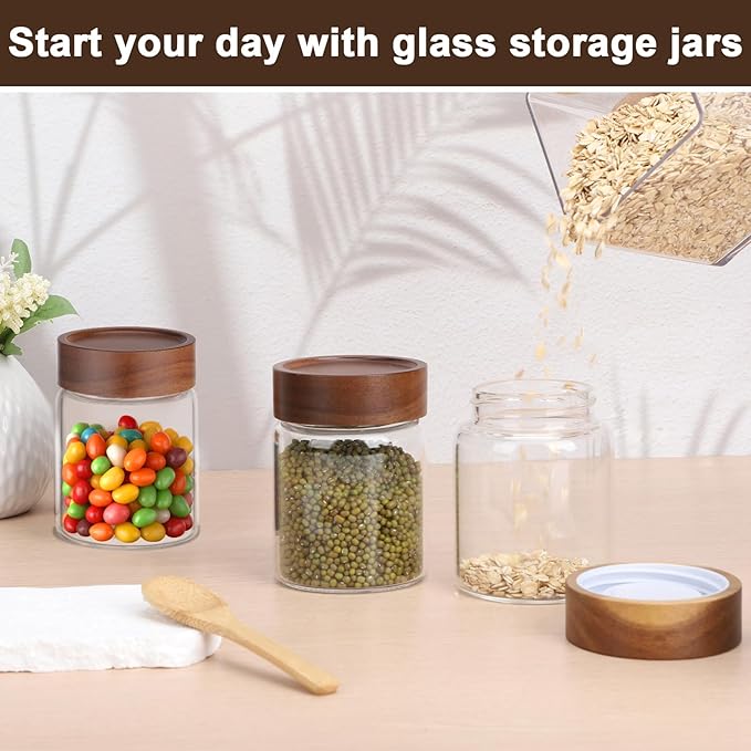 11oz Glass Jar with Wood Lid, 2 Pack 320ml Glass Canister with Airtight Lids, Wooden Screw Top Coffee Jars Clear Kitchen Pantry Containers for Sugar, Tea, Overnight Oats, Bean, Candy, Cookie