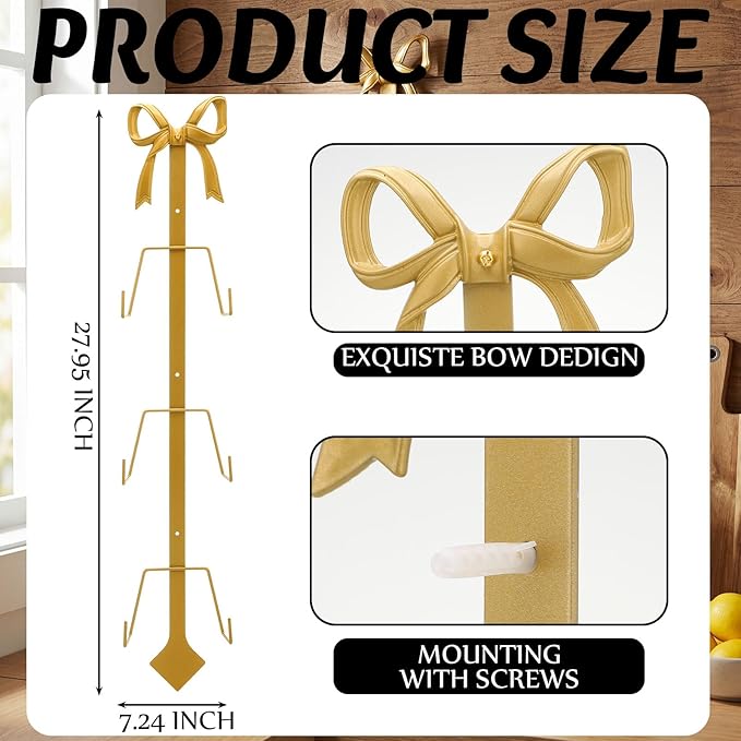 Zonon 1 Pack Gold Bow Plate Holder for Wall Bow Knot Iron Easel Display Rack Wall Mount Metal Plate Hanger Stand for Hanging Photo Frame Art Plaque for Cabinet Kitchen Counter Bar Cafe (28 x 7.2 Inch)