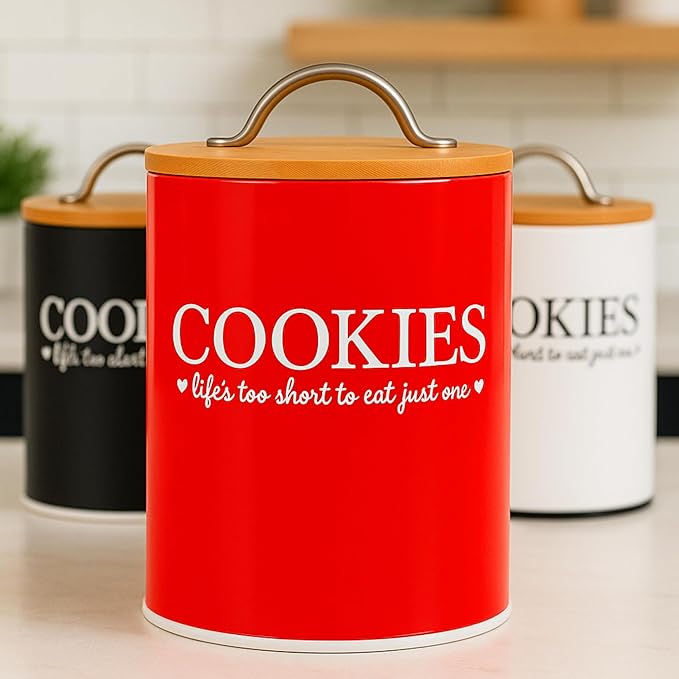 D'Lifeful Farmhouse Airtight Cookie Jar with Bamboo Lid - Kitchen Counter Storage Container for Cookies or even Candy (Red, Small Size (6.5" x 5.25"))