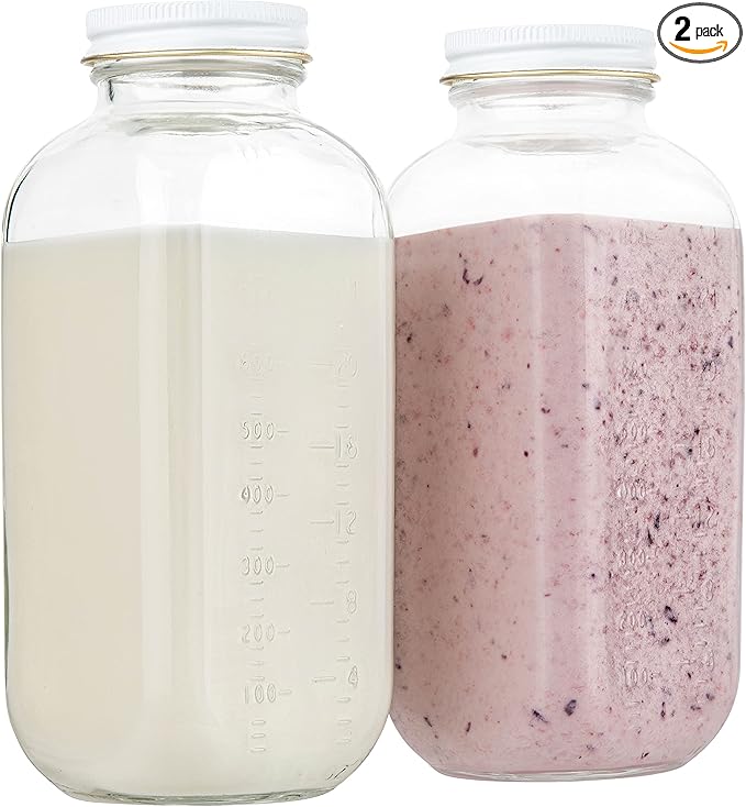 kitchentoolz 32oz Square Glass Milk Bottle with White Metal Airtight Lids - Vintage Reusable Milk Jugs - Dairy Drinking Containers for Milk, Yogurt, Smoothies, Kefir, Kombucha, and Water