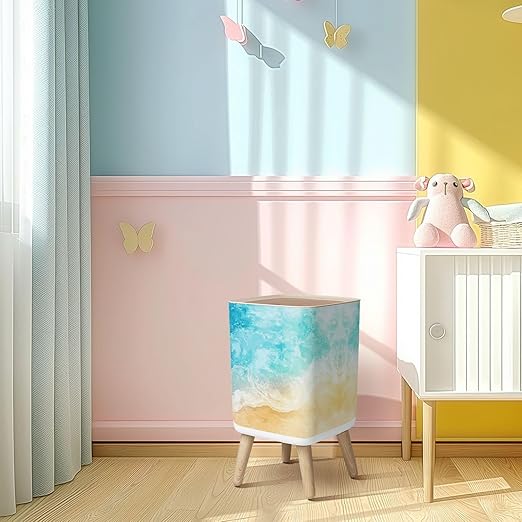 Small Trash Can with Lid Abstract Beach Sea Summer Grunge Background Wave Sand Pastel Crayon Wastebasket with Press Cover Dog Proof Garbage Can Waste Bin for Kitchen Bathroom Nursery 2.6 Gallon