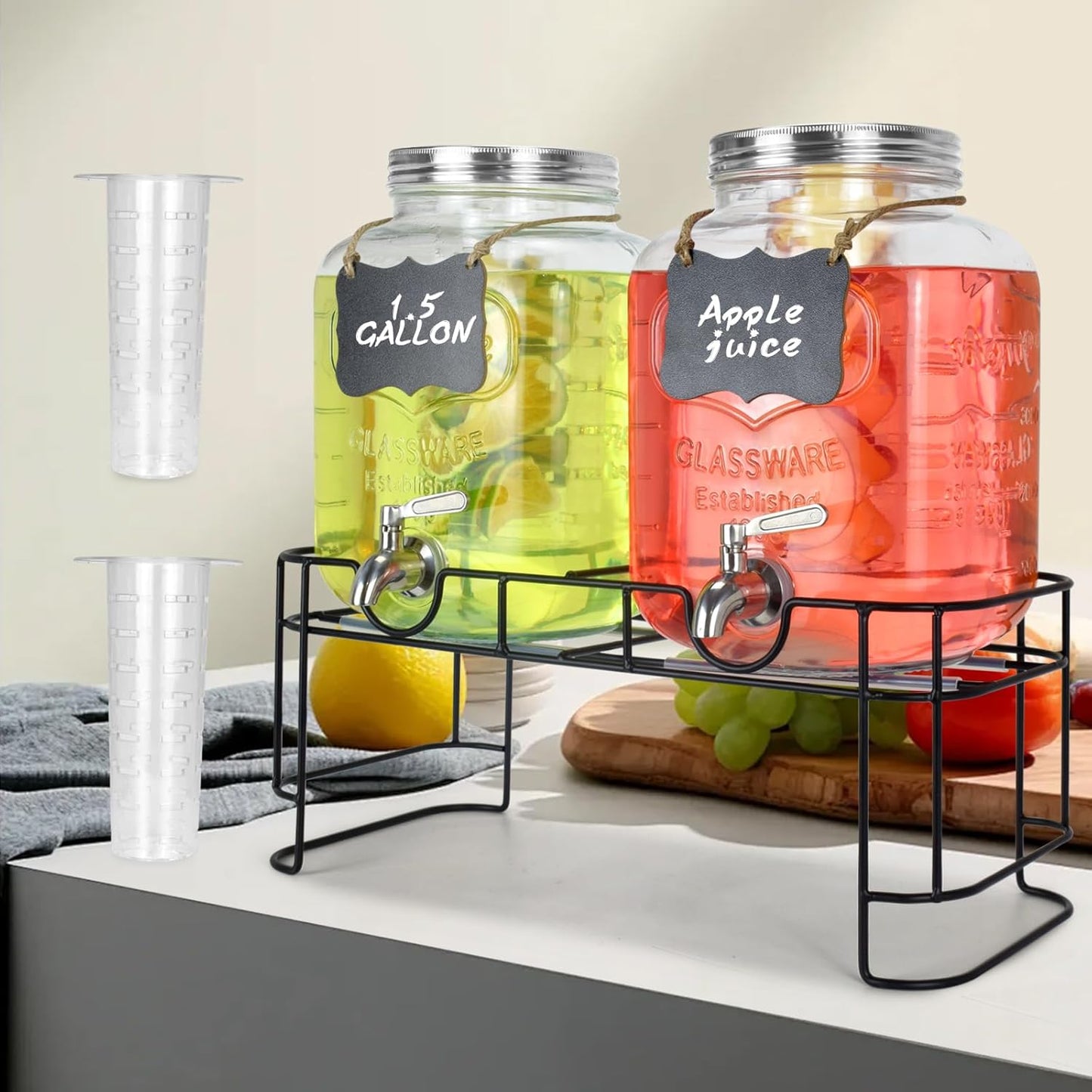DD&HAPP Gallon Glass Drink Dispensers For Parties 2PACK.1.5Gallon Beverage Dispenser,Glass Drink Dispenser With Stand And Stainless Steel Spigot 100% Leakproof.Lemonade Dispenser With Ice Cylinder.