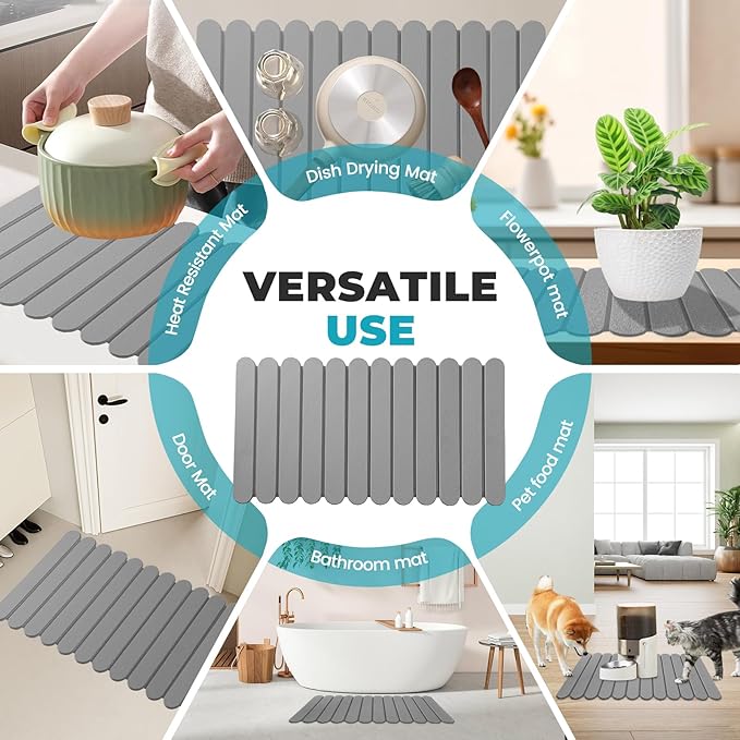Extral Large Quick Dry Stone Drying Mat for Kitchen Counter,28"(L)x16"(W) Collapsible Eco-Friendly Absorbent Diatomaceous Earth Mat for Dishes Cups,Dish Drying Mats (Medium gray-Ellipse, 28x16 inch)