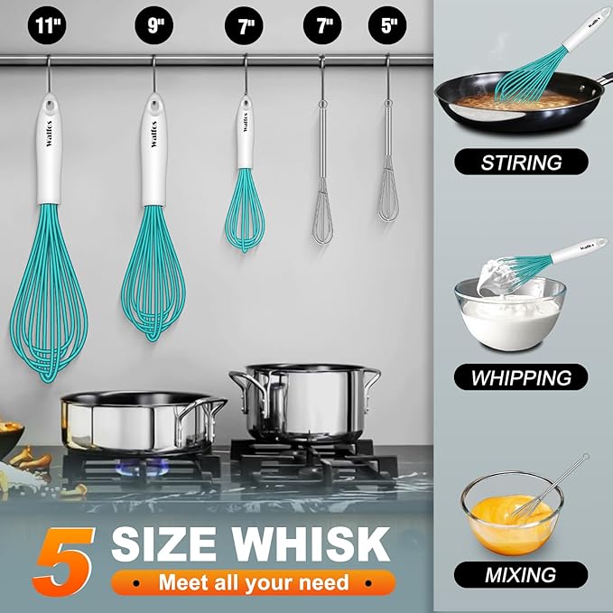 Walfos Whisk,Silicone Whis, Non Scratch Coated Wisking tool silicone set of 5,BPA Free and Heat Resistant 480°F.Premium for Whisking, Blending, Frothing, Beating.(Blue)