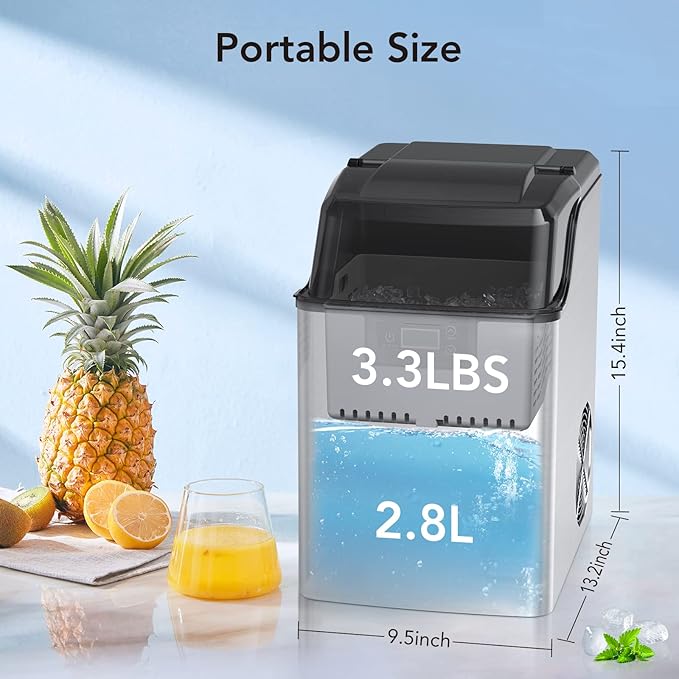 Nugget Ice Maker, Ice-Making of 44lbs/24h, Crushed Ice Maker Machine with Self-Cleaning, Low Noise Countertop Ice Maker, Stainless Steel, Portable Ice Maker for Bar/Home/Office