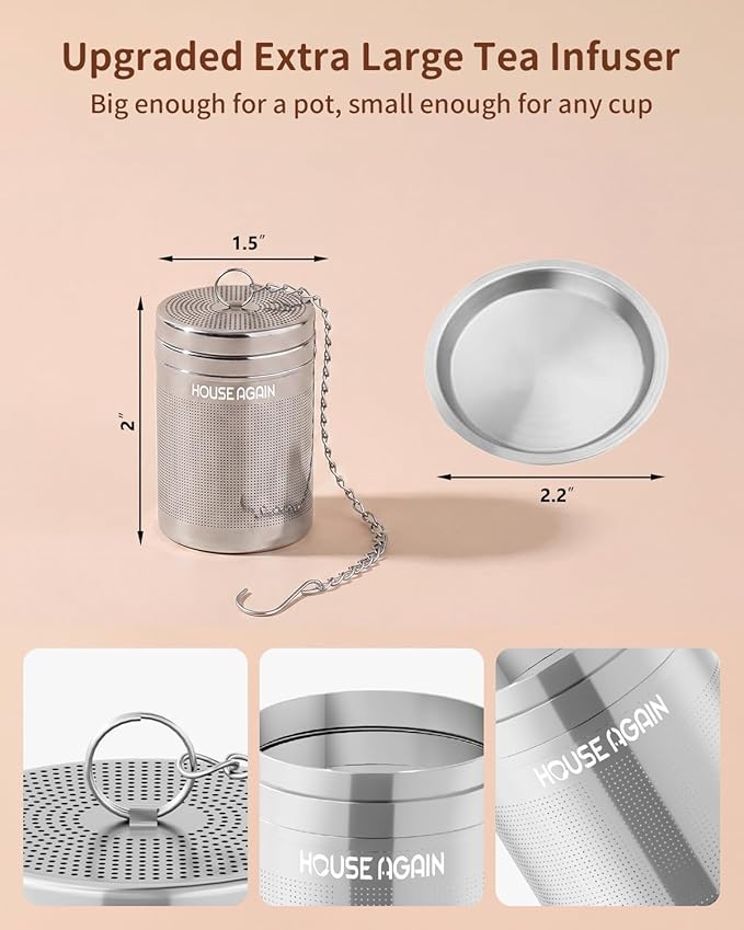 House Again 2 Pack Tea Infusers, Extra Fine Mesh Tea Strainers for Loose Tea, Updated Slim Threaded Lid & 304 Stainless Steel, Loose Leaf Tea Steeper for Brew Tea Spices & Seasonings