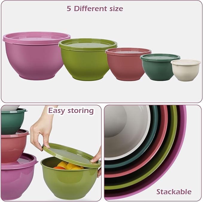 Greentainer Plastic Mixing Bowls with Lids Set for Kitchen, 5 Set Nesting Bowls for Mixing, Baking, Prepping, Cooking and Serving Food, Mixing Bowls Dishwasher, Microwave Safe