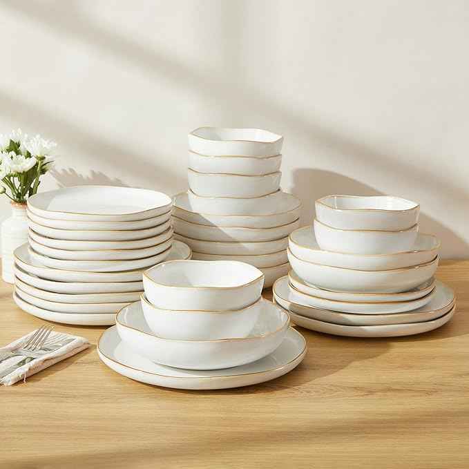 32 Piece White Dinnerware Set with Pasta Bowls, Reactive Glaze Stoneware for 8 | Perfect for Multi‑Course Dinners, Hosting Large Groups, Holiday Serving Needs