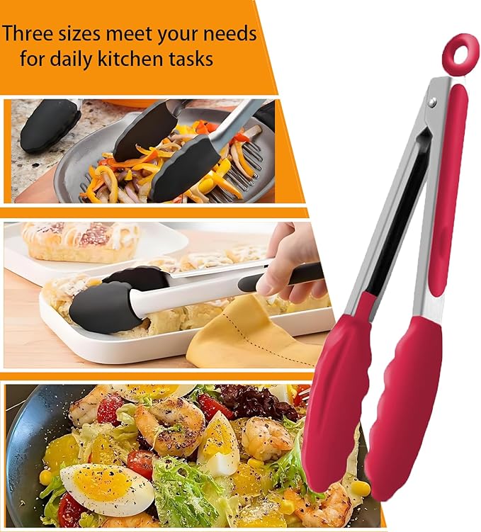 Kitchen Tongs with Silicone Tips,Tongs for Cooking Heat Resistant 600 Degrees Stainless Steel Locking Tongs,Red Set of 3-7", 9" and 12"