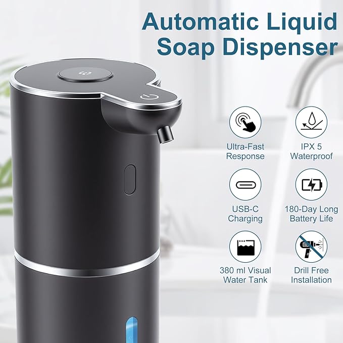 Automatic Soap Dispenser, Hand Soap Dispenser 12.8oz/380ml Smart Rechargeable, Black Soap Dispensers with 6-Level Touchless, Wall Mounted or Countertop Dish Soap Dispensing for Bathroom & Kitchen