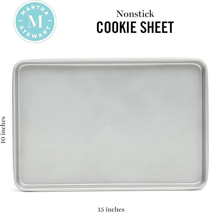 Martha Stewart Gallen 15 x 10 Inch Nonstick Carbon Steel Cookie Sheet – Silver, Durable Bakeware for Even Baking and Easy Cleanup