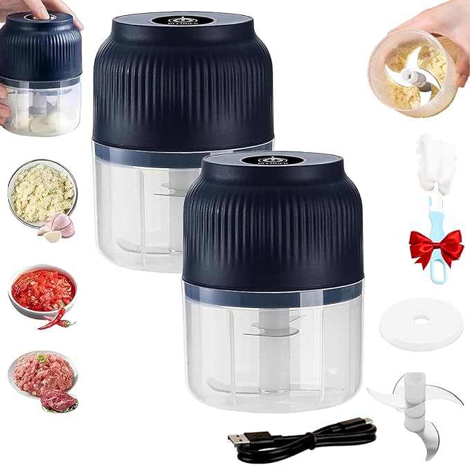 Electric Garlic Chopper, Mini Portable Veggie Cutter, Rechargeable Wireless Electric Food Chopper with 4 Stainless Steel Blades, One-Press Fast Prep for Garlic, Onion, Chili, Ginger, Meat (2Pcs B)
