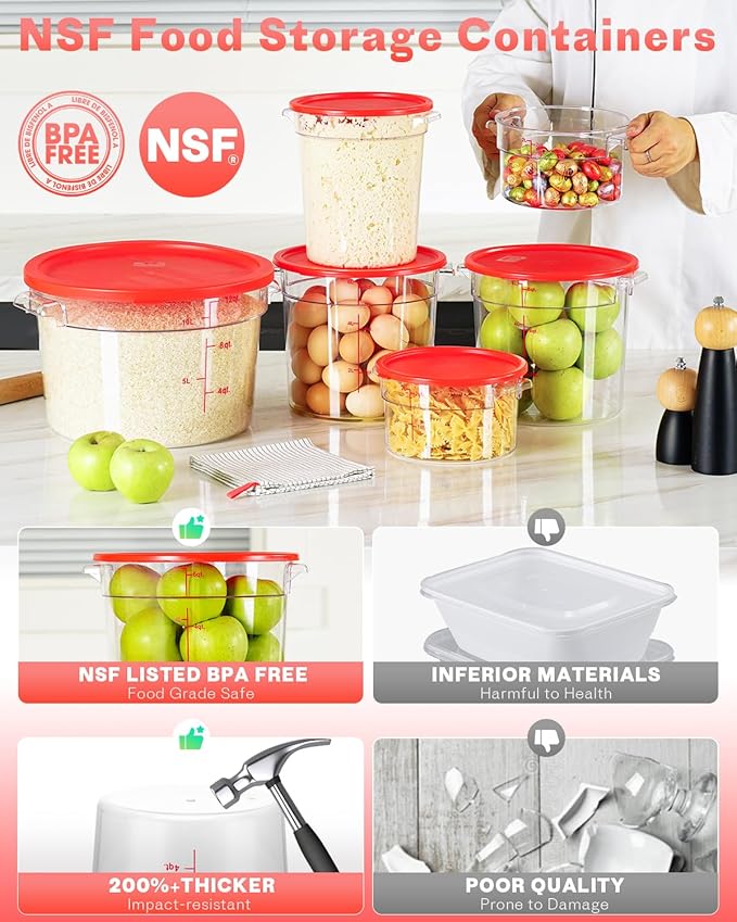 6QT NSF Round Food Storage Containers with Lids: 4 PCS [Total Food Grade][Hot&Cold Resistant] Dough Proofing Container for Pizza, Bread with Measuring Spoons Included(BPA FREE) (RED)