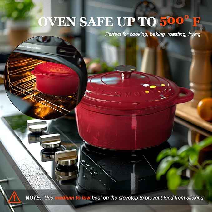 Overmont Enameled Cast Iron Dutch Oven - 4.5QT Pot with Lid Cookbook & Cotton Potholders - Heavy-Duty Cookware for Braising, Stews, Roasting, Bread Baking red