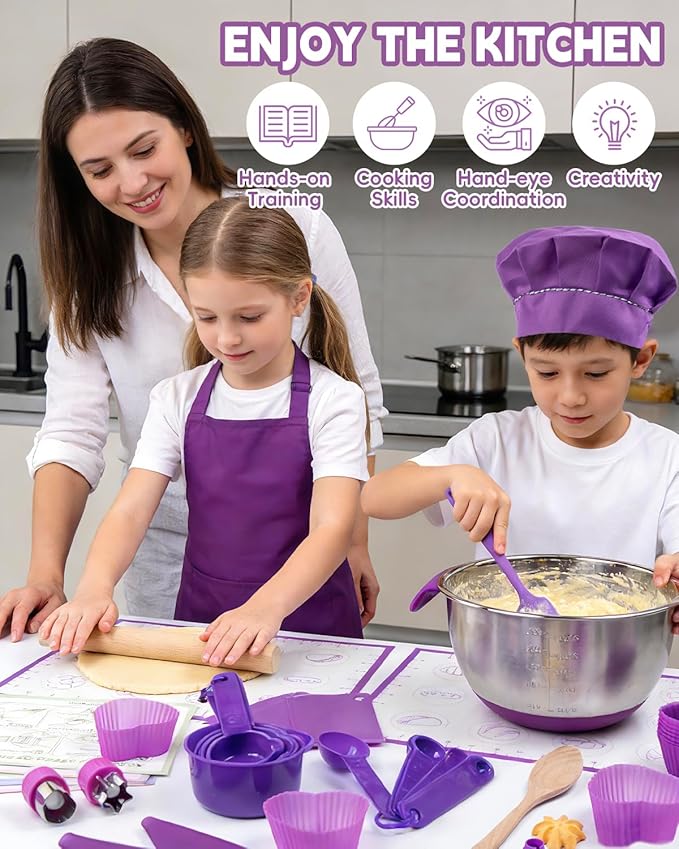 Kids Baking Set–Real Cooking Set for Kids with Kids Cooking Utensils & Kitchen Accessories, Measuring Tools & Baking Supplies,Great Gift for Pretend Play & Montessori Learning (Purple)